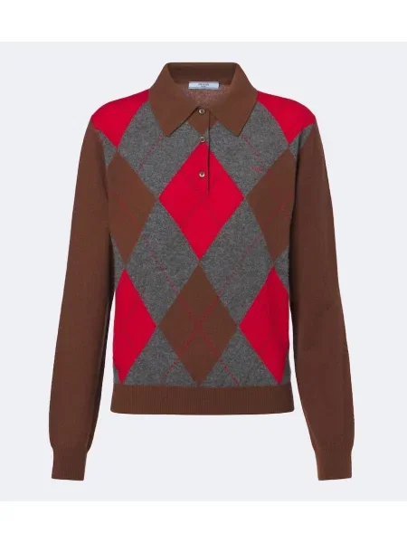 Tricou polo Prada din cașmir cu model argyle