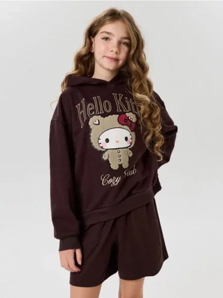 Sinsay mikina s kapucí a potiskem s towel efektem Hello Kitty tmavě hnědá