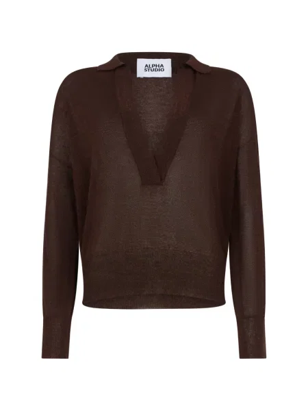Kołnierzykowy sweter Alpha Studio z dekoltem w serek brązowy