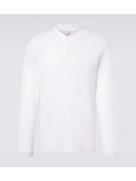 Cămașă Brunello Cucinelli de mătase cu guler henley alb