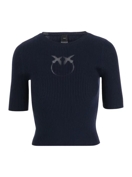 Sweter Pinko wełniany z krótkim rękawem z logo niebieski