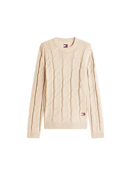 Sweter Tommy Jeans z okrągłym dekoltem ze sznurkiem beżowy