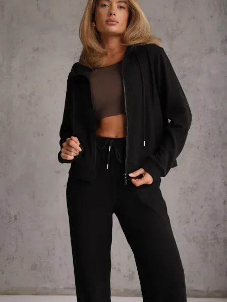 Set de trening din polar bluză cu și glugă pantaloni wide leg Ivama negru