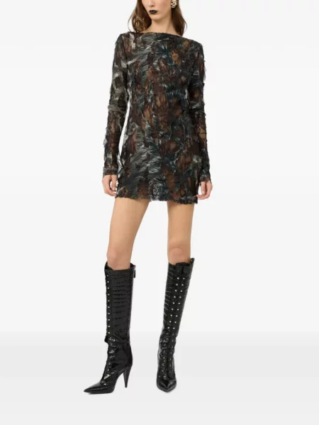 Rochie mini Roberto Cavalli cu pene din dantelă negru