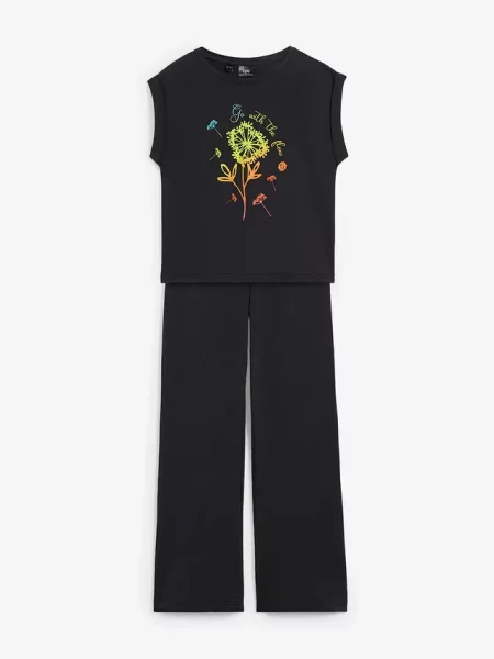 T-shirt dziewczęcy + legginsy Flared 2 części organiczna czarna