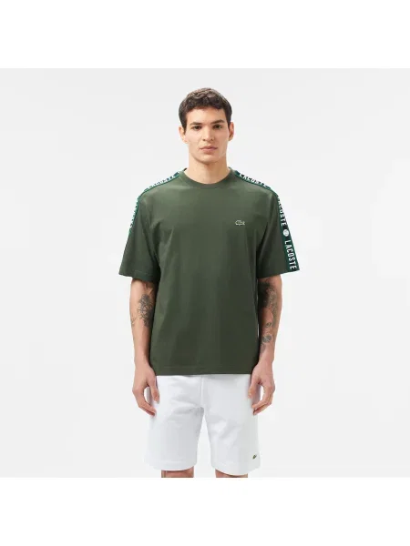 Lacoste T-Shirt Z Okrągłym Dekoltem Z Nadrukiem Relaxed Fit Ciemnozielony zielony