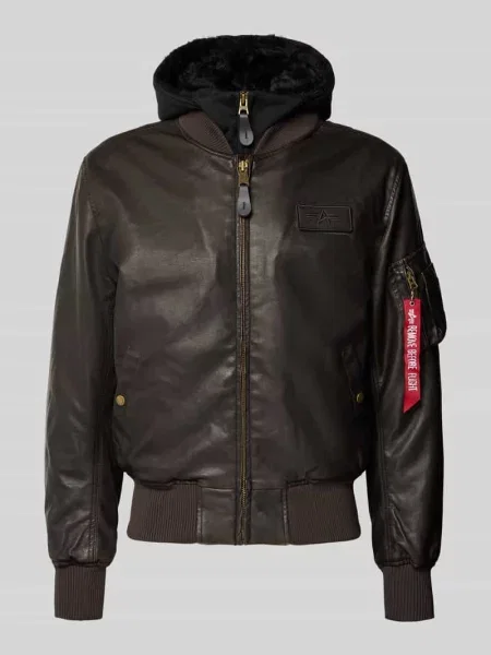 Bomberka z materiału skóropodobnego z detalami z logo Alpha Industries brązowa