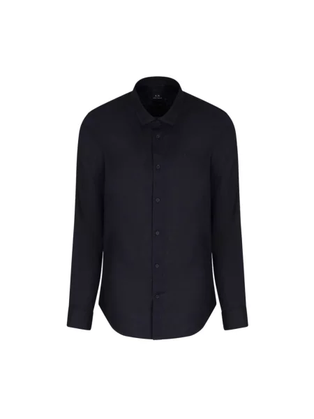Lniana koszula Armani Exchange z długim rękawem z kołnierzem niebieska