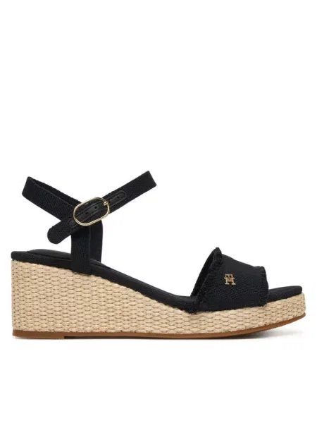 Tommy Hilfiger Sandali Mid Woven Wedge Espad Fringe črna