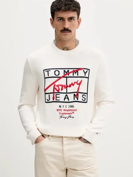 Tommy Jeans pulover de bej alb