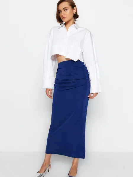 Fusta maxi Trendyol tricotate albastru
