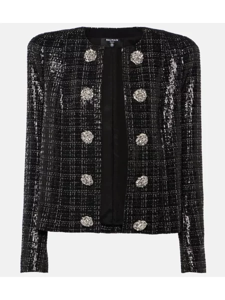 Geacă Balmain din tweed cu paiete negru