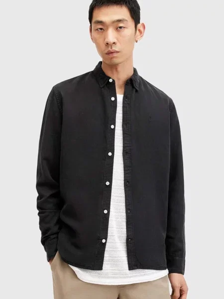 Риза с лен AllSaints LAGUNA LS SHIRT със стандартна кройка черно