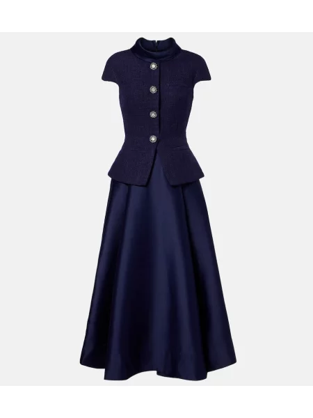 Tafta sukienka midi Self-portrait do kolan garniturowa niebieska