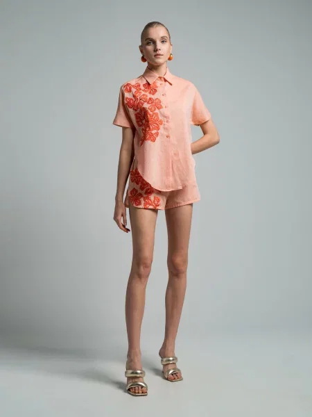 Шорти з льоном з вишивкою Ermanno Scervino помаранчеві