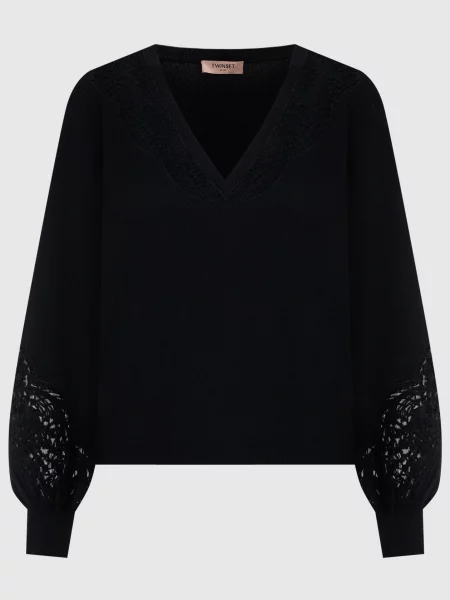 Пуловер з вовною з мереживом Twinset чорний