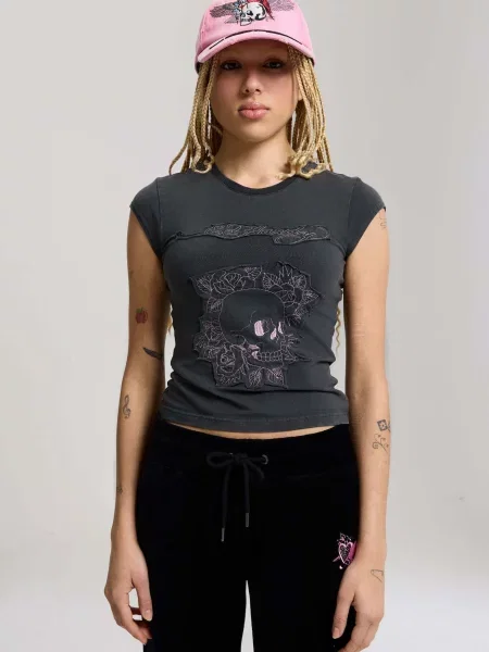 Ed Hardy Tričko Blumen-Totenkopf tmavosivá ružová