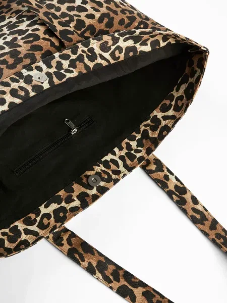 Torba shopper z płótna ze wzorem w panterkę czarna