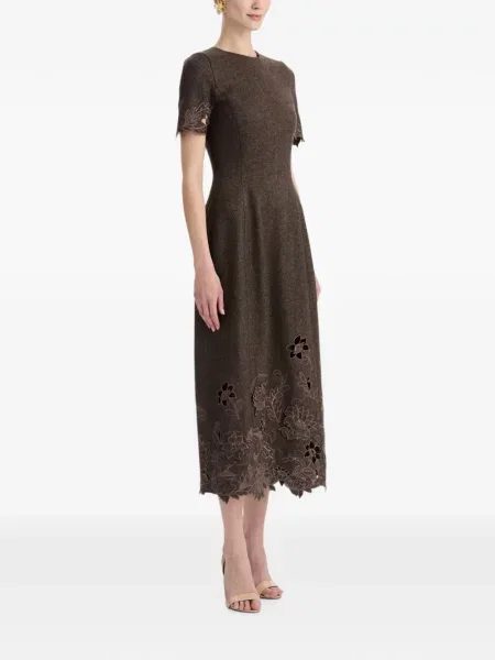 Rochie midi Oscar De La Renta cu model herringbone evazată maro