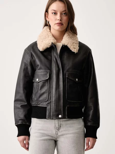 Marc O'Polo geacă aviator pentru femei din piele negru