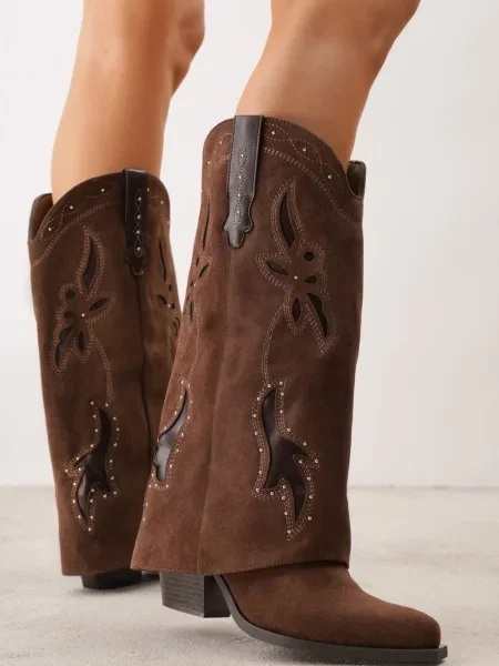 Cizme de cowboy cu carâmb care imită piciorul cu zirconii decorative pe Anemona maro