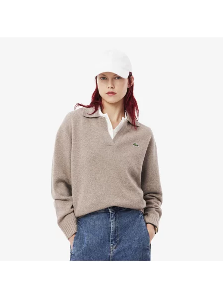 Lacoste Kaszmirowy Sweter Z Kołnierzykiem Polo 3D beżowa