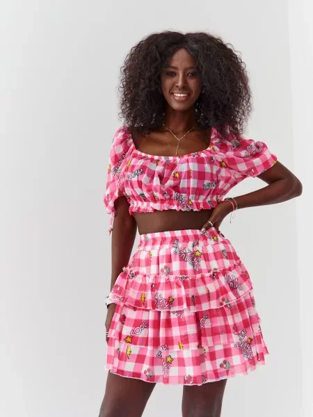 Top Fasardi w kratę z krótkim rękawem szary