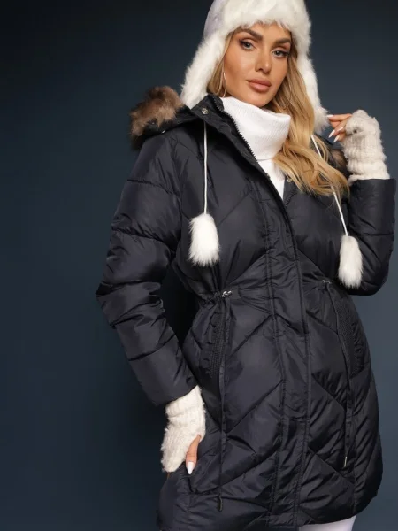 Jachetă Matlasată Lungă Stil Parka Cu Șnur În Talie Și Blană Artificială Abelasa albastră