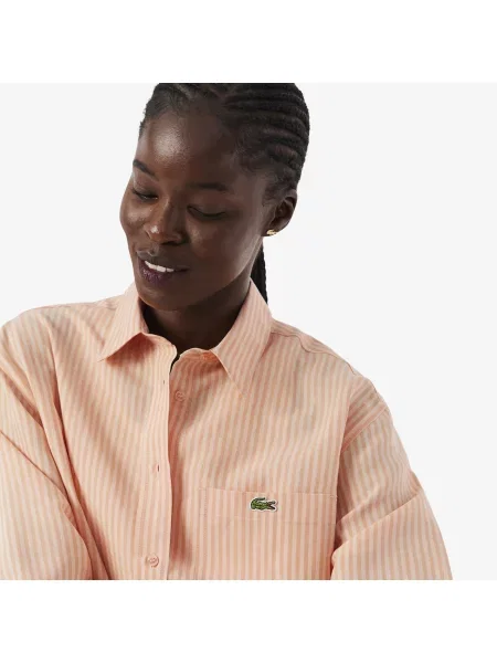 Lacoste Lniana Koszula W Paski Oversize pomarańczowa