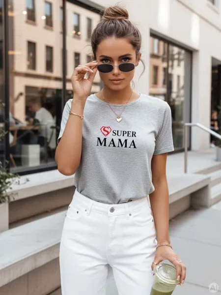 Koszulka z nadrukiem Super Mama jasnoszara Dstreet