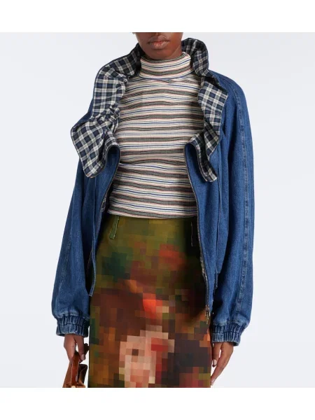 Kockovaná džínsová bunda Dries Van Noten s volánmi modrá