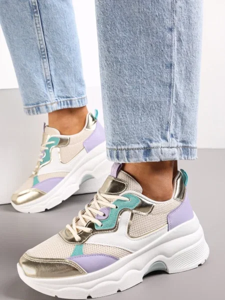 Sneakerși bej-aurii cu talpă groasă și inserții perforate Lanya bej