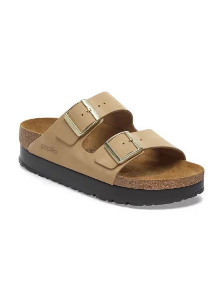 Klapki Birkenstock skórzane na platformie beżowe