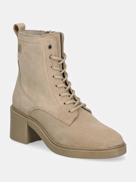 Велурени боти Tommy Hilfiger SUEDE MID HEEL LACEUP LOGOTAPE с дебел бежово