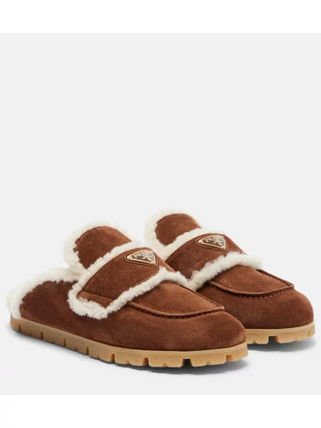 Papuci tip mules Prada din piele de căprioară maro