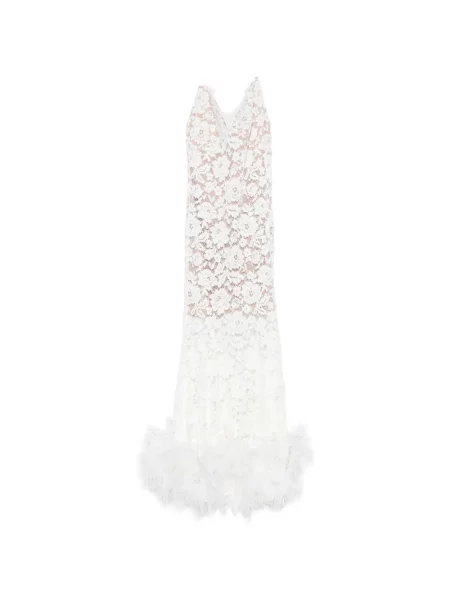 Rochie midi Self-portrait cu pene din dantelă alb
