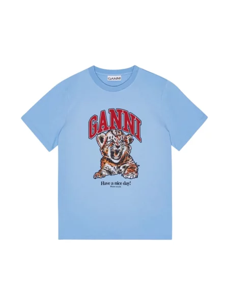 T-shirt basic Ganni w tygrysie prążki z dżerseju z dekoltem w kształcie litery U niebieski