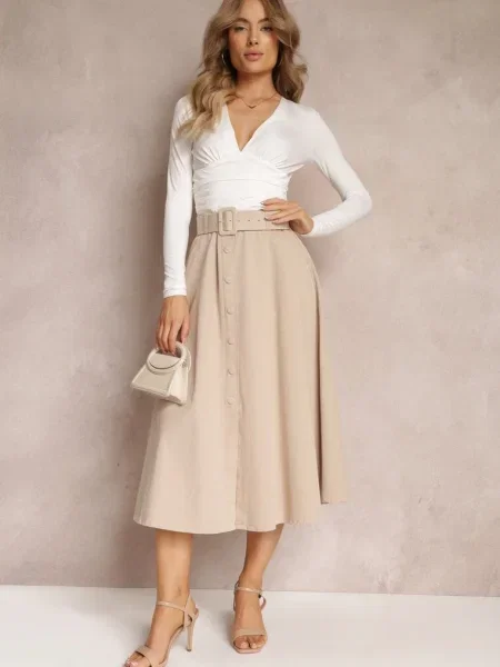 Fustă Trapez Midi Deschis Cu Talia Înaltă Cu Cu Cataramă Din Marydevi bej
