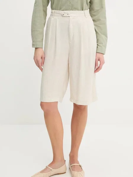 Answear.LAB szorty lniane gładkie high waist beżowy