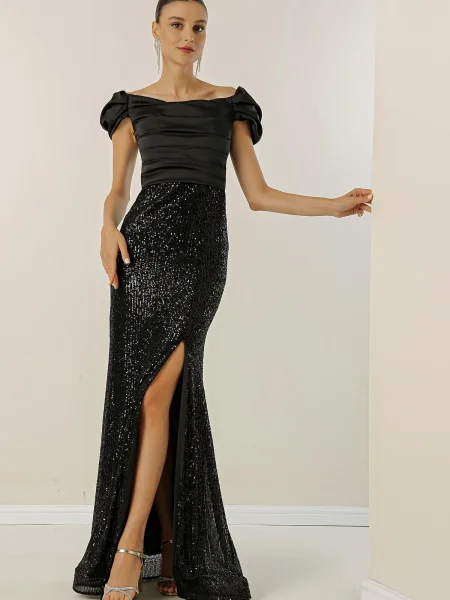 Gulerat rochie By Saygı din satin drapată negru