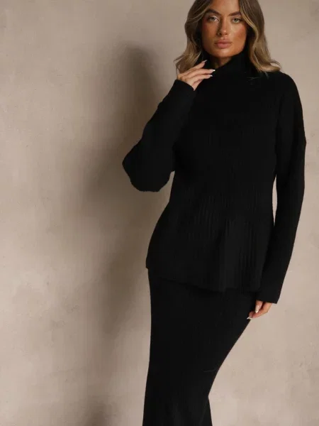 Komplet z Dzianiny z Wełną w Prążki Golf i Ołówkowa Spódnica Falirea czarny