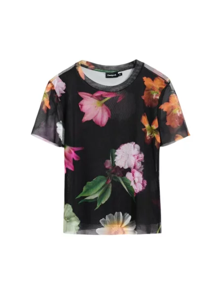 Desigual Koszulki Kobieta Wielobarwność XS Kwiatowy Top z siateczki czarna
