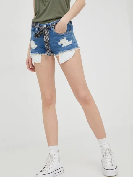 Дънкови къси панталони Superdry с апликация със стандартна талия синьо