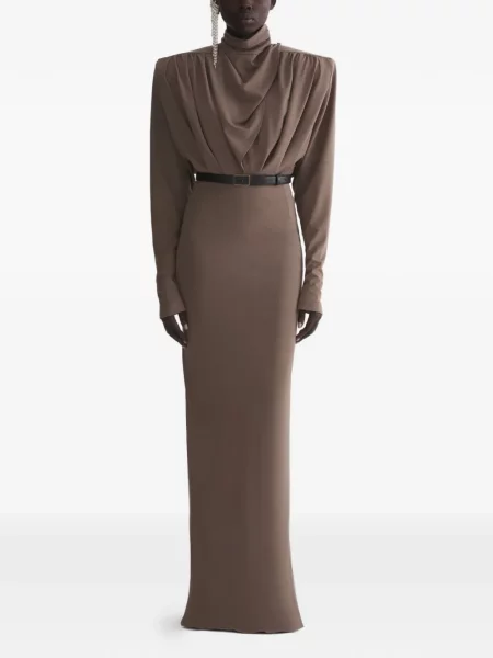 Rochie maxi Mugler drapată lungă de costum maro