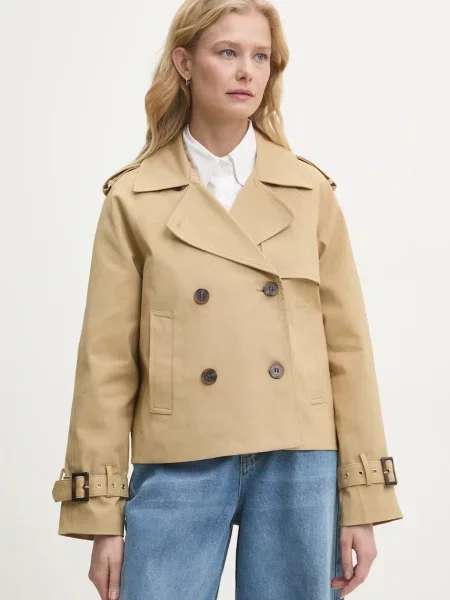 Къс шлифер Answear Lab преходен модел с двуредно закопчаване кафяво