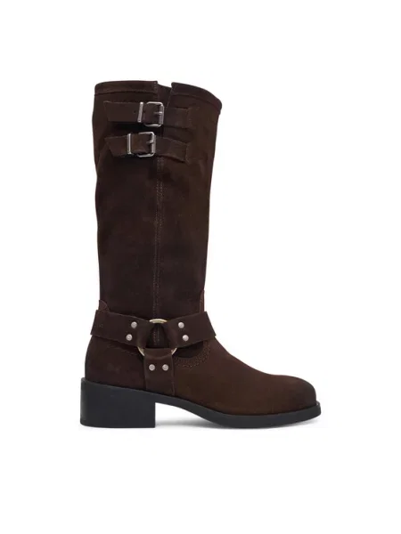 Tommy Jeans Cizme lungi riding Tjw Brushed Suede Biker Boots închis maro