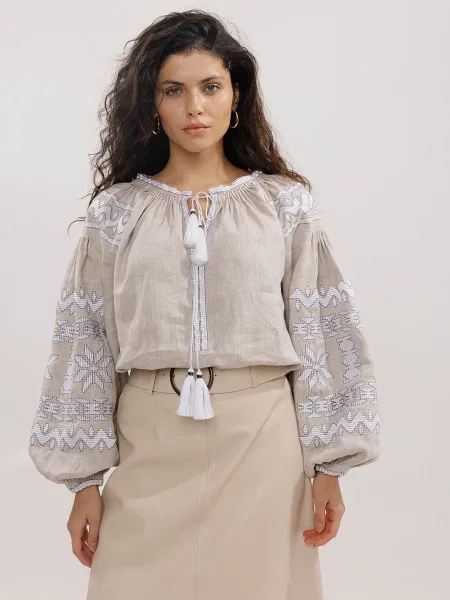 Льняная рубашка Embroidered Gem с вышивкой бежевая