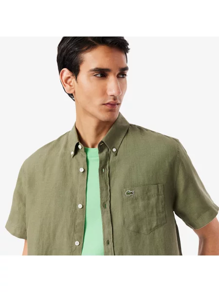 Lacoste Lniana Koszula Button-Down Z Krótkim Rękawem Regular Fit Khaki zielony