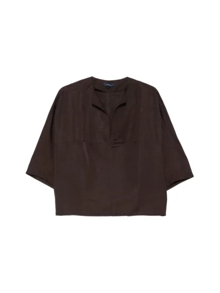 Lniana bluzka Soeur z dekoltem w serek z krótkim rękawem brązowa