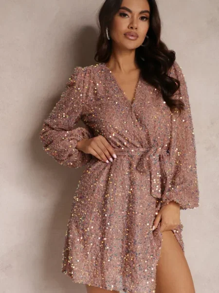 Rochie cu paiete și decolteu în V roz